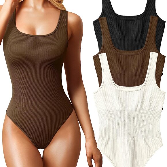 Women's 3 Piece Bodysuits Sexy Ribbed Sleeveless Square Neck Tank Tops Leotard - Picture 1 of 8